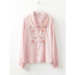 (最後現貨)YK612068【85折】民族風刺繡蕾絲拼接襯衫-粉色