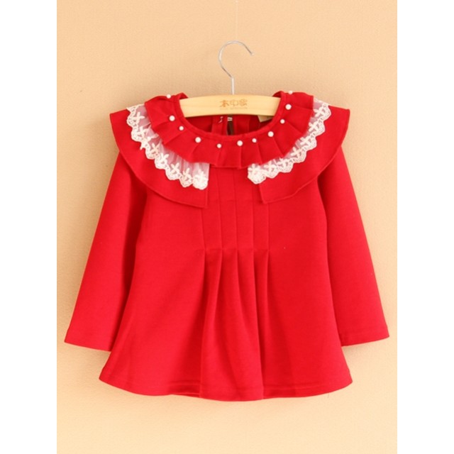 (最後現貨)【紅7】KIDV718056【童】珍珠蕾絲衣領皺摺洋裝