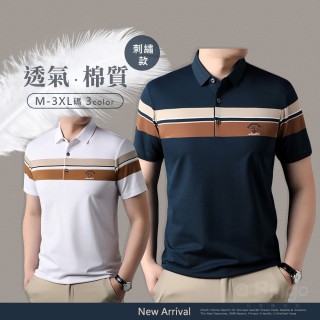 TX164307 條紋刺繡棉質短袖POLO衫-3色 M~3XL碼