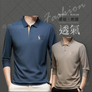 TX164513 純色馬球刺繡長袖POLO衫-4色 M~4XL 馬術加厚 棉質休閒長袖男上衣